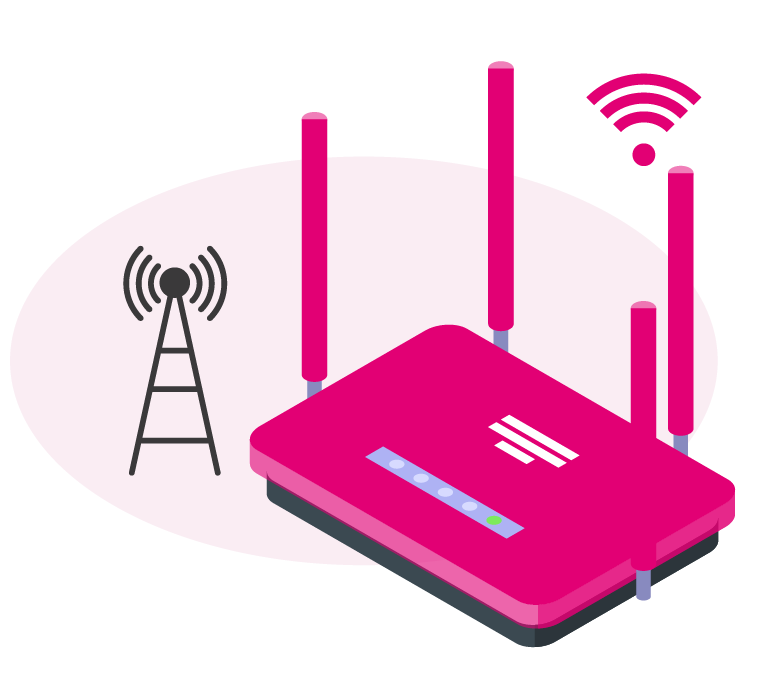 Signal and modem image featuring an NBN tower, designed in pink-themed settings reflecting Telsim brand colors.